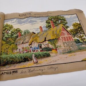 Vtg Cross Stitch Needlepoint Art Kinetic COMPLETED Ann Hathaways Cottage Canvas